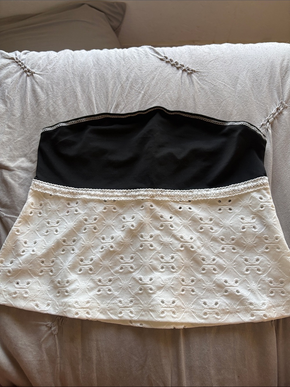 Strapless Black and White Eyelet Peplum Top